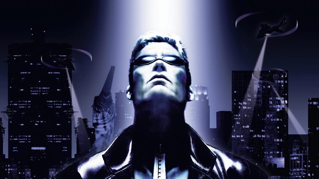 JC Denton stares up at the game's logo off-screen, while helicopters surveil Hell's Kitchen behind him.